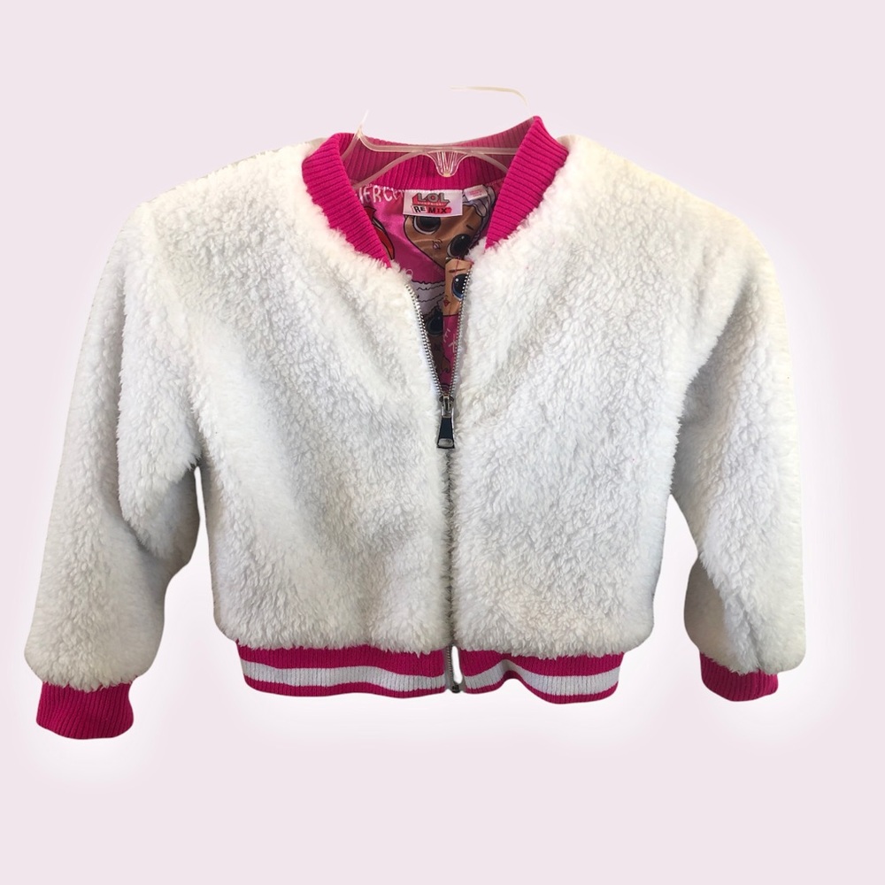 Girls Fuzzy LOL Bomber Jacket w/ cute Hot Pink LOL lining, little girls XS 4/5